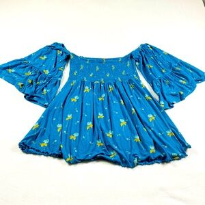 Free People Lana Tunic Floral Teal Blue Off Shoulder